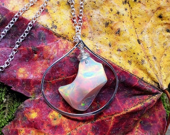 Colorful Ethiopian fire opal teardrop necklace, organic shaped welo opal, framed opal, valentines gift, anniversary gift, gift for her