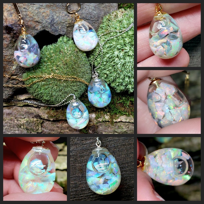 Floating opal drop necklaces, real Australian black opal jars, opal globes, gold and silver, October birthstone, gift for mom, gift for her image 1