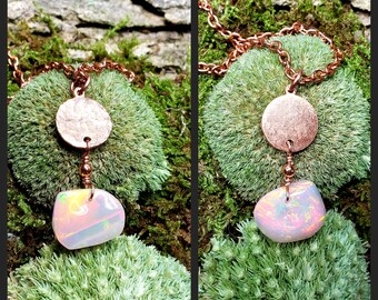 Pink Ethiopian fire opal copper necklace, reversible necklace, genuine welo opal, October birthstone, girlfriend gift, gift for mom