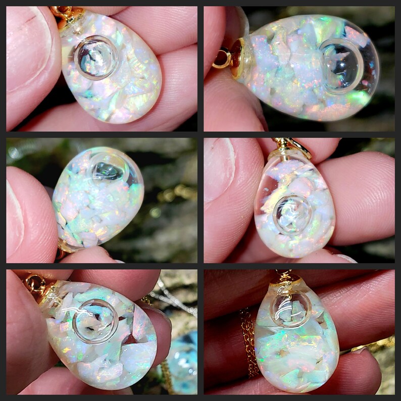 Floating opal drop necklaces, real Australian black opal jars, opal globes, gold and silver, October birthstone, gift for mom, gift for her C