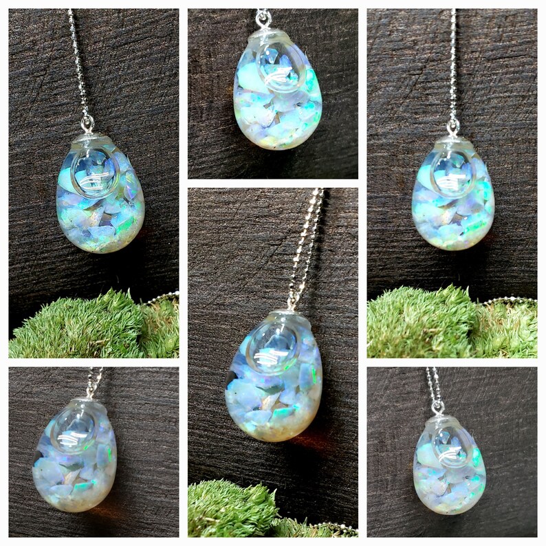 Floating opal drop necklaces, real Australian black opal jars, opal globes, gold and silver, October birthstone, gift for mom, gift for her D