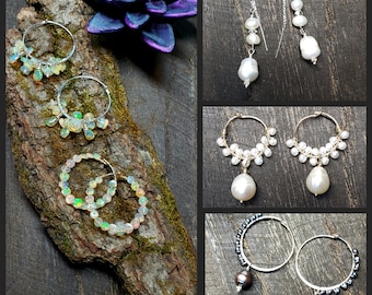 Opal hoop earrings, pearl hoop earrings, opal & Herkimer diamond threaders, Ethiopian opal hoops, birthstone jewelry, mother's day gift