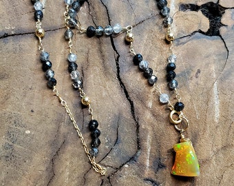 Rutilated quartz & Ethiopian opal choker, beaded black stone necklace, black and white, fire opal, beaded opal necklace, gold, gift for her