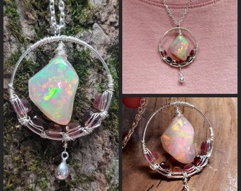 Large Ethiopian opal & pink tourmaline statement necklace, fire opal pendant, geometric necklace, welo, October birthstone, gift for her