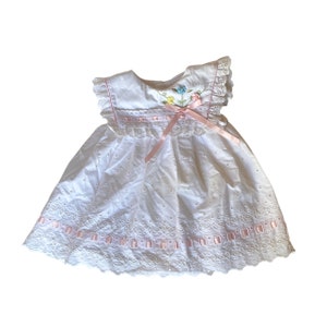 Vintage 1980s Toddler Easter Church Bib Dress with Pink Ribbon and Floral Detailing