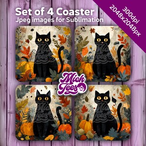 Puede incluir: Juego de cuatro posavasos cuadrados con un gato negro, calabazas y hojas de otoño. Los posavasos muestran el texto "Mich Tees" y "Set of 4 Coaster Jpeg images for Sublimation". La imagen es de 2048x2048px a 300dpi.