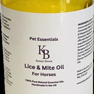 May include: A clear glass bottle with a white label and a yellow liquid inside. The label reads "Pet Essentials KB Katseye Blends Lice & Mite Oil For Horses 100% Pure Natural Essential Oils Handmade in the UK."