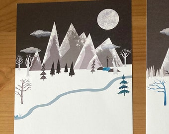Set of 3 snowy mountain, spooky illustration prints