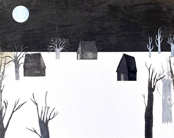 Spooky witch houses with trees landscape illustration, art print