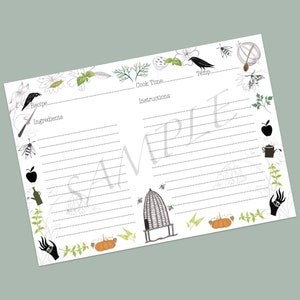 Digital download printable recipe card folk nature inspired instant download, cooking card, cooking template, cooking gift