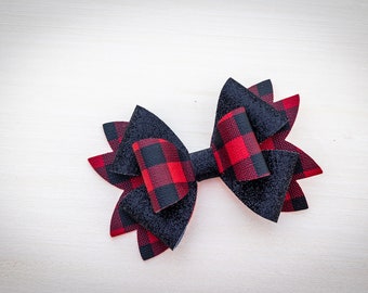 Buffalo Plaid hair bow, Faux leather hair bow,Black and white plaid hairbow,, glitter hair bow, girls hair bow, hair accessory, red hair bow