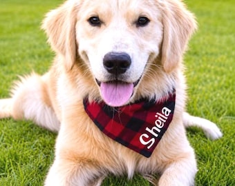 Personalized Dog Bandana, Buffalo Plaid Pet Scarf, Custom Name Over-the-Collar Bandana, Red and Black Plaid Dog Gift