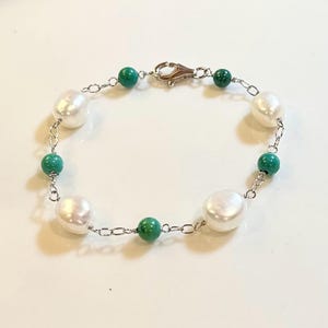 Sterling Silver Cultured White Freshwater Pearl & Natural Turquoise Station 7 1/2" Bracelet