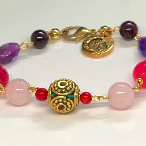 Love Friendship Princess Bracelet Amethyst , Garnet, Rose Quartz, Fuchsia Jade, Red Coral, Tibetans Charm “On-Hand Ready to Ship “