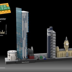 May include: A LEGO model of the Manchester skyline, featuring the Beetham Tower, the Town Hall, and other buildings. The model is made of various colored LEGO bricks and is approximately 11.3 inches tall.