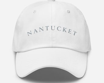 Knotical New England White Cotton & Gray Embroidered Nantucket ACK Adjustable Strap Hat