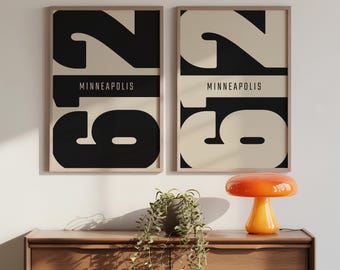 Minneapolis MN 612 Area Code Print Set – Black & Beige Typography (Digital Download)
