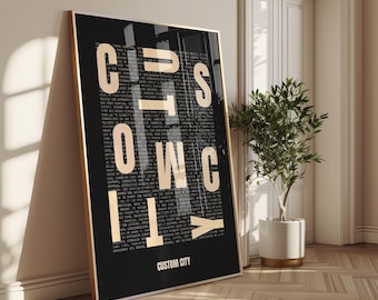 Custom City Typography Print, Minimalist Black and White Poster (Digital Download)