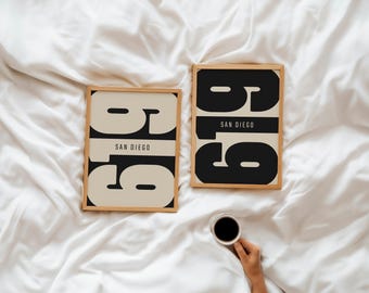 San Diego 619 Area Code Poster Set – Modern Typography Prints (Digital Download)