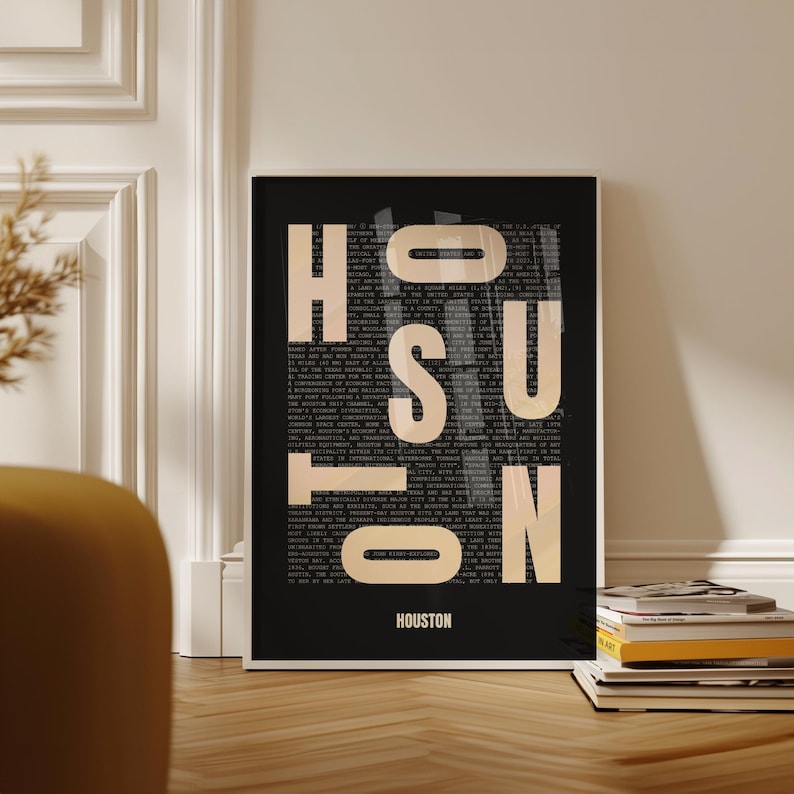 Houston Typography Art Print, Black and White Minimalist Design ...