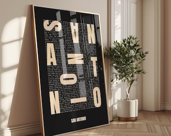 San Antonio Texas Typography Print, Wall Art, Digital Poster, Digital Art, City San Antonio, Minimalistic Print, USA, Moody Black White Art