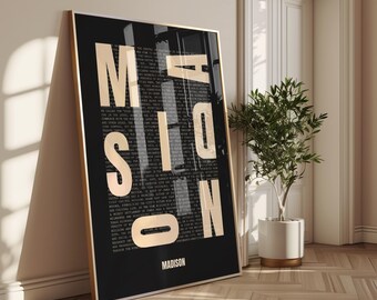 Madison Wisconsin Typography Print, Minimalist Black and White Wall Art (Digital Download)