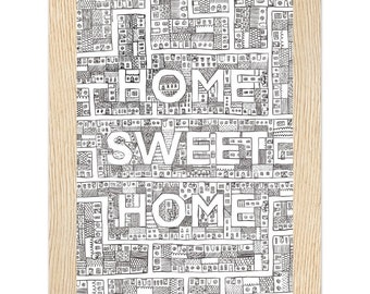 Home Sweet Home Drawn Map Bird's Eye - Classic Matte Paper Wooden Framed Poster