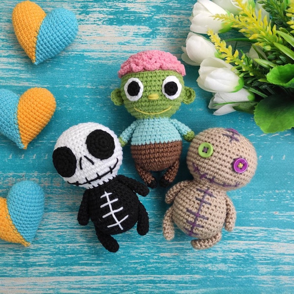 Little monsters, crochet skeleton, a voodoo doll, zombie crochet, Small amigurumi toys pattern, Pattern English, Halloween toys, scary toys