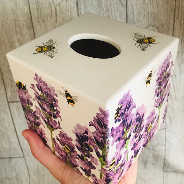 Bumble Bee & Lavender, decorated tissue box cover, napkin decoupage, gift for Her, gift for Mum, New Home gift, Birthday gift, gift for Nan