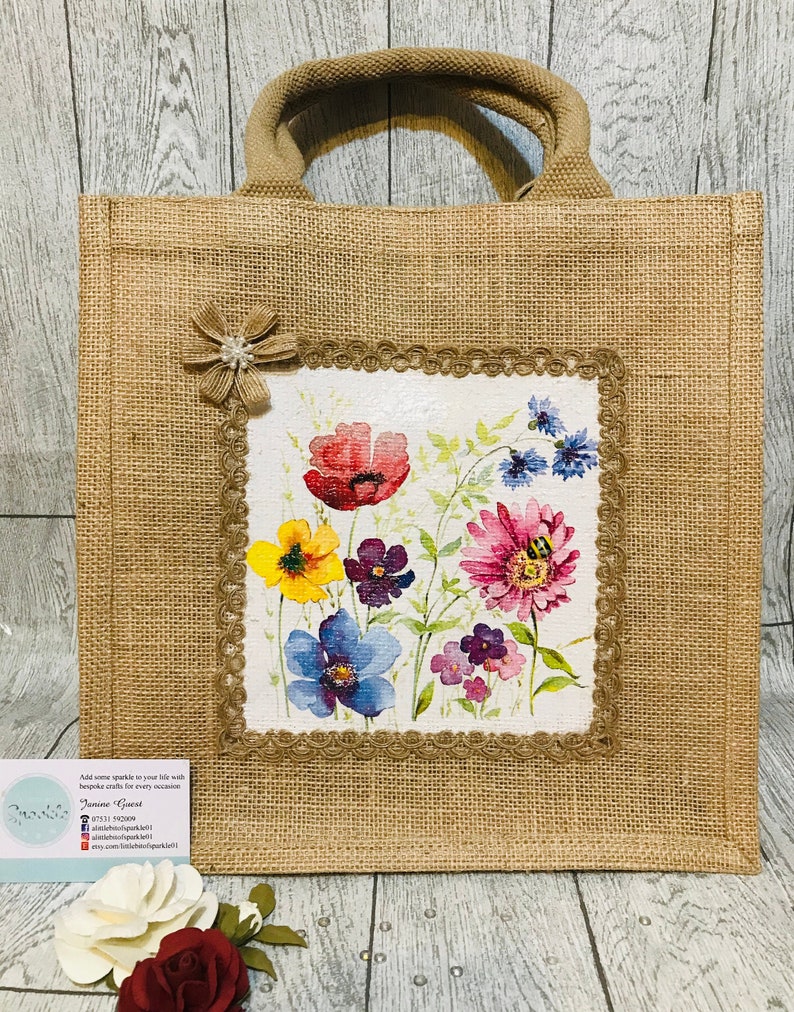 Flower Meadow decorated shopping jute bag napkin decoupage Etsy