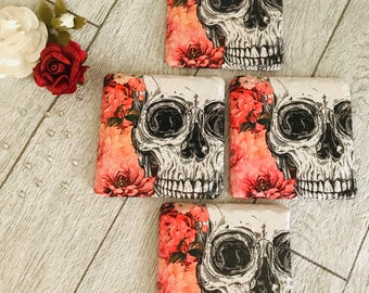 Set of 4 Decoupaged Natural Stone Coasters Skull & Flowers Design 