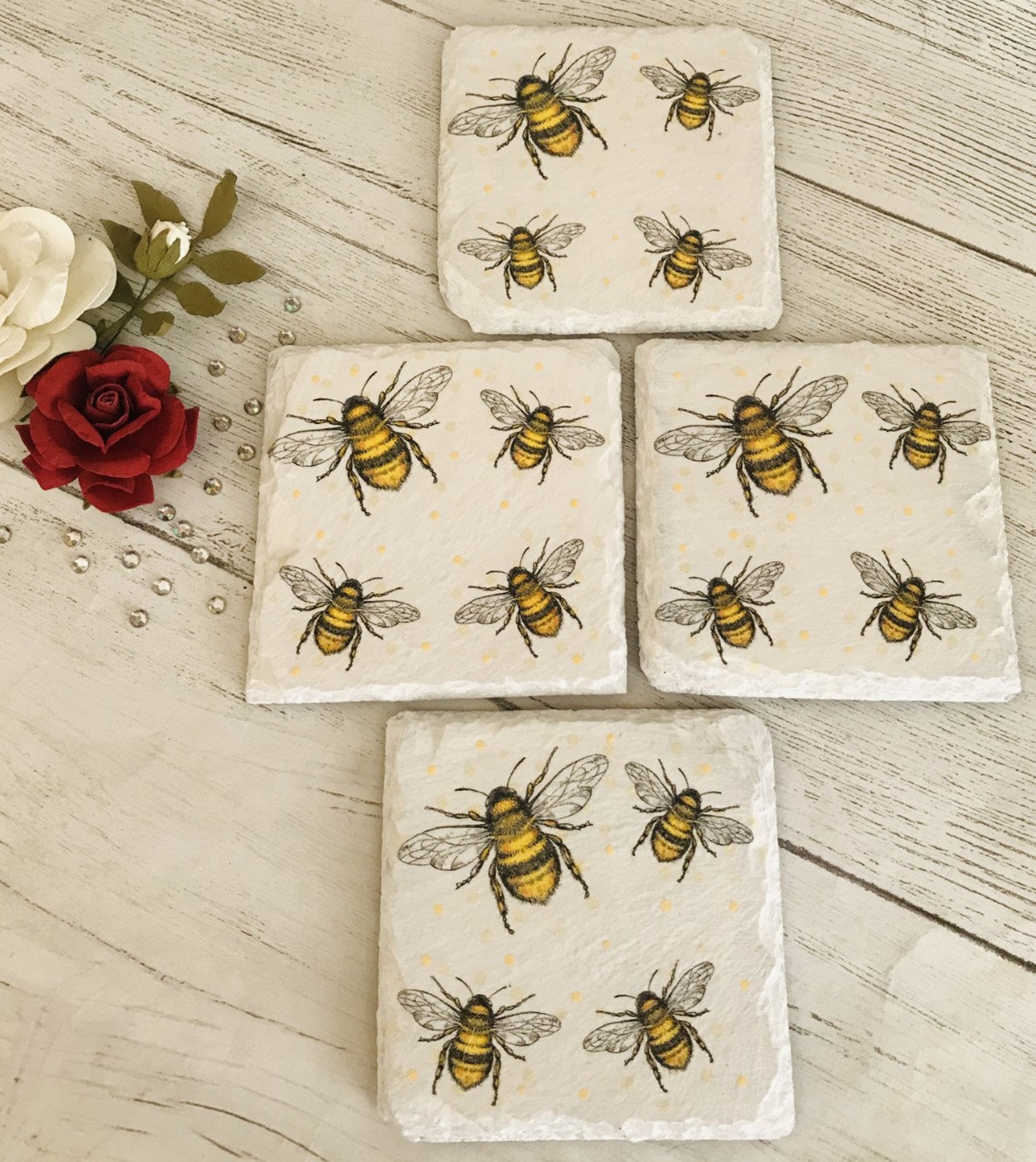 Bumble Bee decorated slate coasters napkin decoupage Etsy