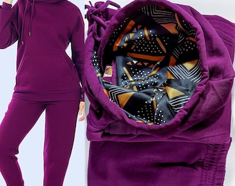 Purple Silk-Satin Lined Hoodie Set / Plum Satin Lined Hoodies Set / Natural Hair Hoodie / Travel Lounge Set / Her  Valentines Gift