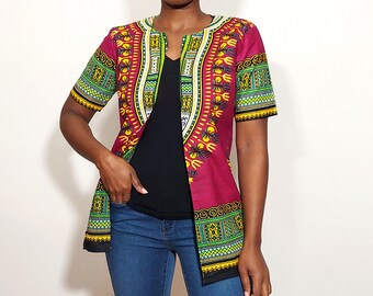 Short Sleeve Cotton Coat / Burgundy Dashiki Blazer/ Dashiki Kimono Top/ African Clothing/ African Women's Clothing