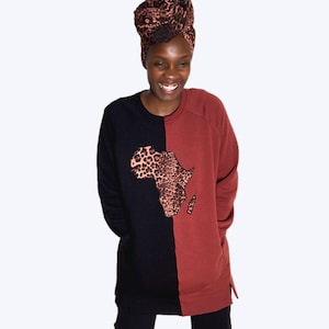 Übergroße Sweatshirt Kleid / afrikanische Karte Farbe Block Sweatshirt / Burgund schwarz Sweatshirt / Geschenk für sie / Tunika Lounge Kleid /