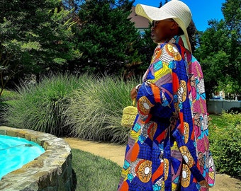 Ankara Summer Wedding Guest Duster / Cotton Summer Kimono /  Full Length Beach Coverup / Full Length Kimono Robe  / Colorful House Coat