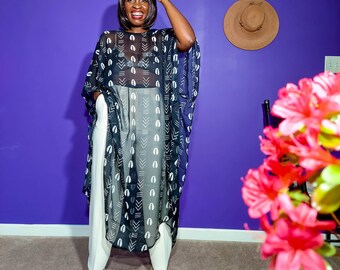 Black African Soft Floral Sheer Chiffon Kaftan. Maxi Sheer Resort Wear. Mothers Day Gift. Asymmetric Cut. Wedding Guest Outfit. Beach Cover