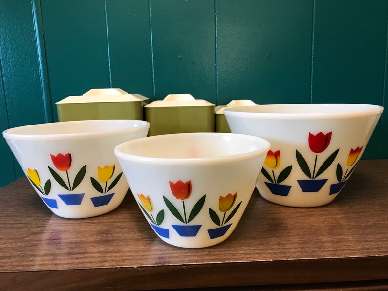 Set of 3 vintage FireKing tulip bowls MCM KITCH RETRO Etsy