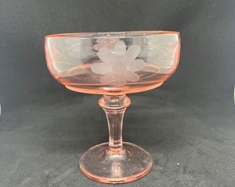 Vintage pink Depression Glass compote, etched with flowers and vines