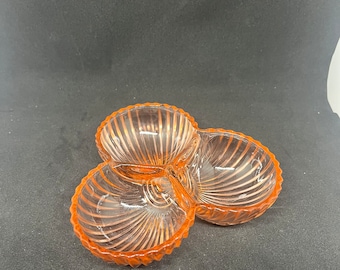 Vintage Anchor Hocking Manhattan Pink Depression Glass Ribbed 3 Section Candy Dish