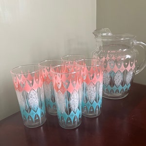 Vintage Mid Century Modern Anchor Hocking Pink White And Turquoise Pitcher And 5 Glasses Set