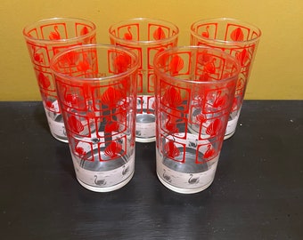Vintage 1950’s Dominion Glass Red And White Glasses With Swans