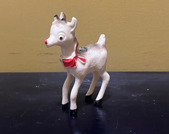 Vtg 1950s Rudolph Red Nosed Reindeer Hard Plastic Christmas Ornamen