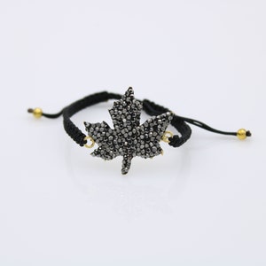Sparkly Beaded Leaf ,Thread Bracelet, Threaded Bracelet, Simple Macrame Bracelet, Black wax Cord Bracelet, Friendship Gift image 2