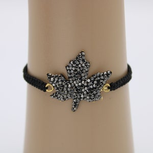 Sparkly Beaded Leaf ,Thread Bracelet, Threaded Bracelet, Simple Macrame Bracelet, Black wax Cord Bracelet, Friendship Gift image 1