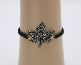 Sparkly Beaded Leaf ,Thread Bracelet, Threaded Bracelet, Simple Macrame Bracelet, Black wax Cord Bracelet,  Friendship Gift