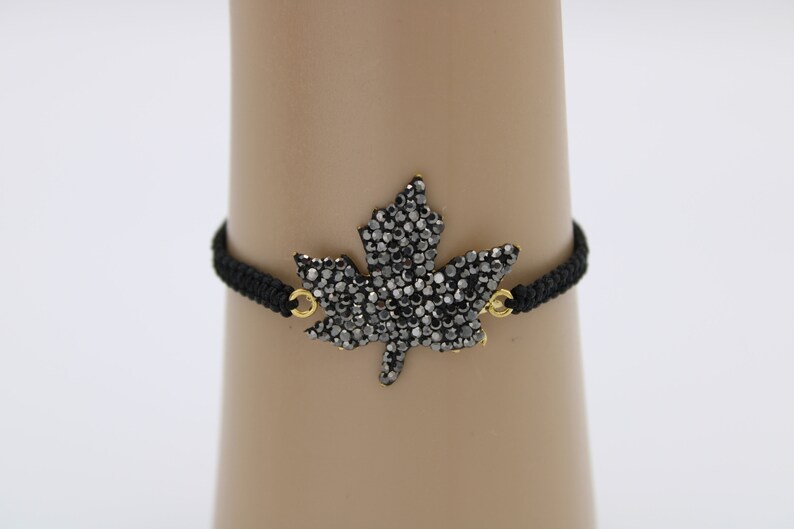 Sparkly Beaded Leaf ,Thread Bracelet, Threaded Bracelet, Simple Macrame Bracelet, Black wax Cord Bracelet, Friendship Gift image 1