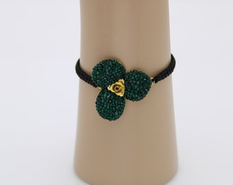 Thread Bracelet, Threaded Bracelet, Sparkly Dark Green Flower With Gold,Simple Macrame Bracelet, Black wax Cord Bracelet,  Friendship Gift