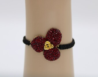 Thread Bracelet, Threaded Bracelet with Sparkly Burgundy Flower With Gold,Simple Macrame Bracelet, Black wax Cord Bracelet,  Friendship Gift