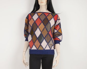 Vintage 80s ADVENTURES MARISA patchwork real leather sweater - Color blocking patched red blue top jumper blouse -Made in Italy -Size Medium
